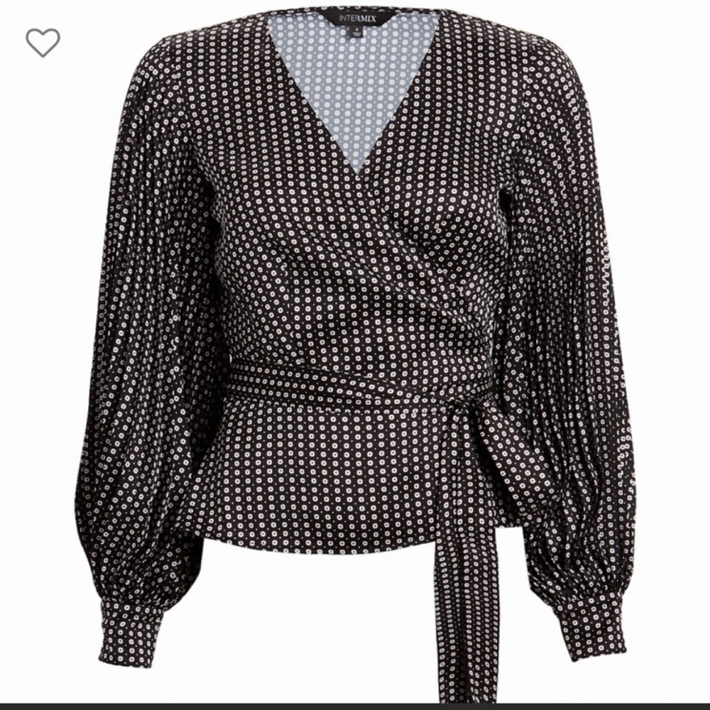 INTERMIX Jenna Wrap Duchess Satin blouse in foulard dot